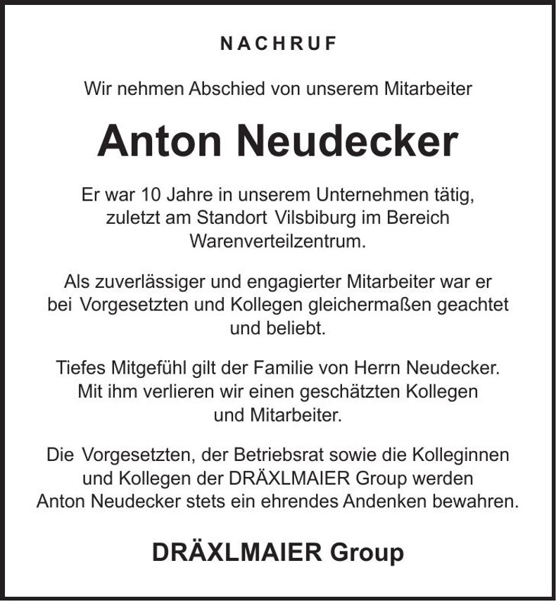 Traueranzeige Anton Neudecker
