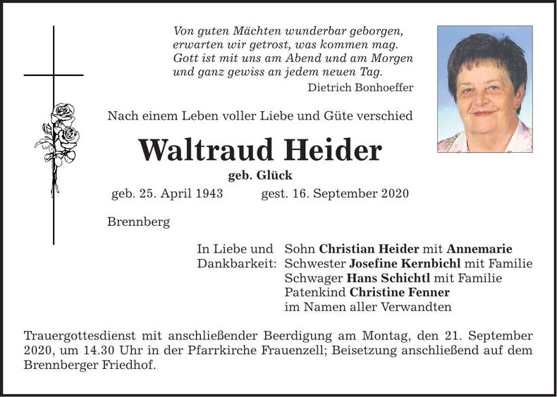 Traueranzeige Waltraud Heider