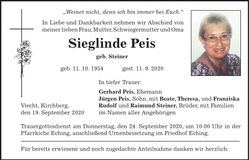 Traueranzeige Sieglinde Peis