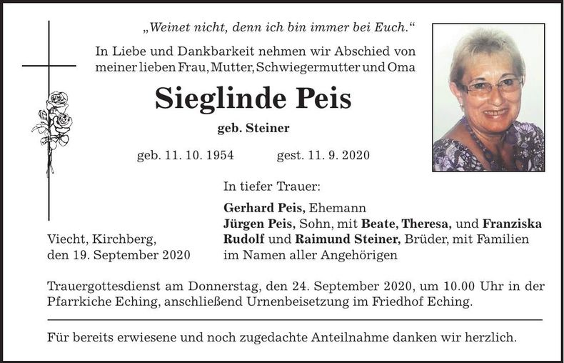Traueranzeige Sieglinde Peis