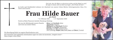 Traueranzeige Hilde Bauer