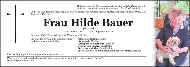 Traueranzeige Hilde Bauer