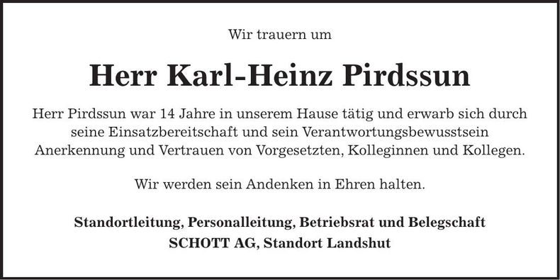 Traueranzeige Kar-Heinz Pirdssun