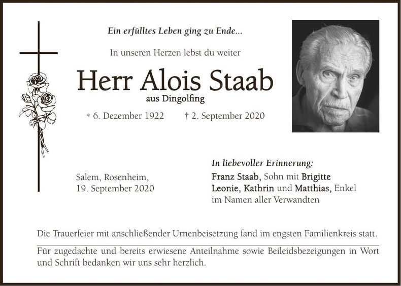 Traueranzeige Alois Staab