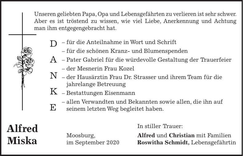 Traueranzeige Alfred Miska