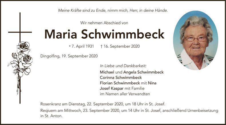 Traueranzeige Maria Schwimmbeck