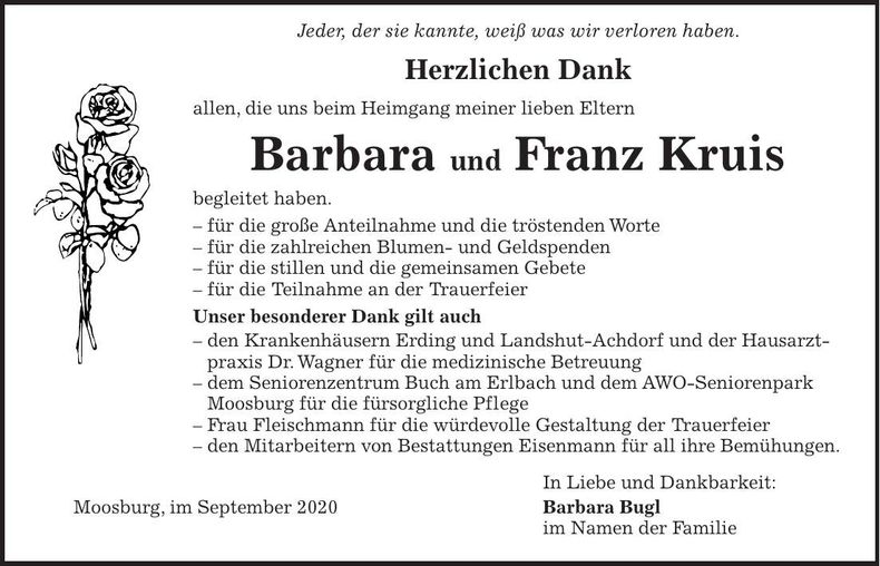 Traueranzeige Barbara und Franz Kruis