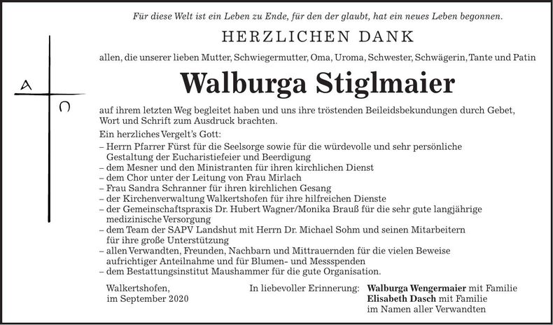 Traueranzeige Walburga Stiglmaier