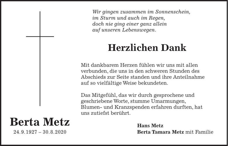 Traueranzeige Berta Metz