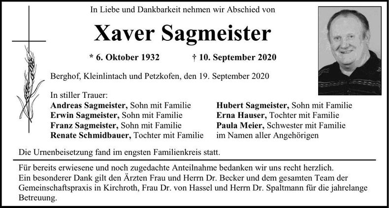 Traueranzeige Xaver Sagmeister