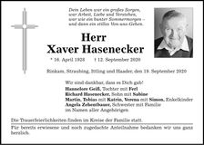 Traueranzeige Xaver Hasenecker
