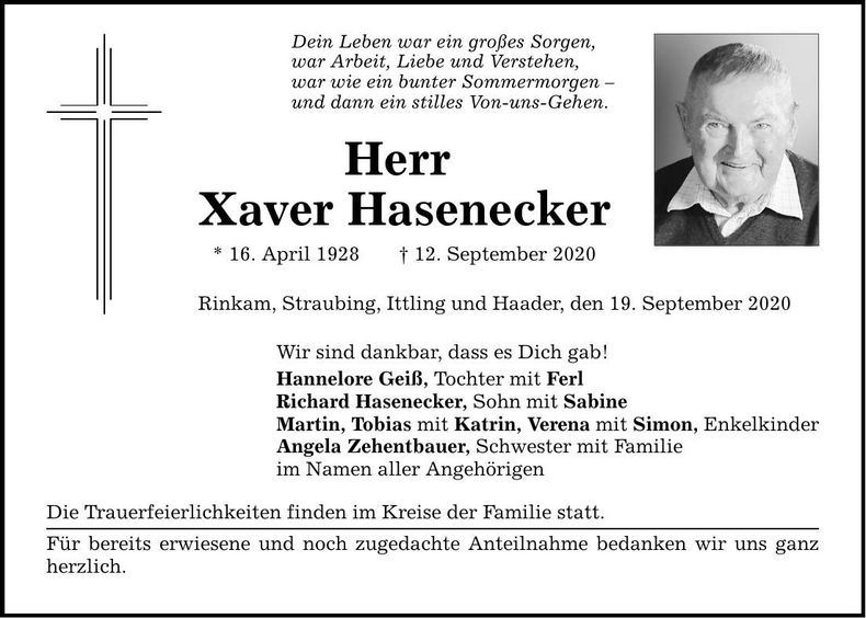 Traueranzeige Xaver Hasenecker