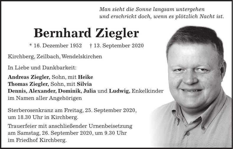 Traueranzeige Bernhard ZIegler
