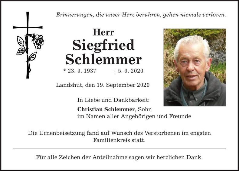 Traueranzeige Siegfried Schlemmer