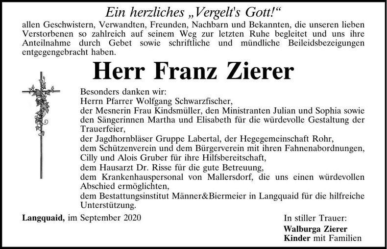 Traueranzeige Franz Zierer