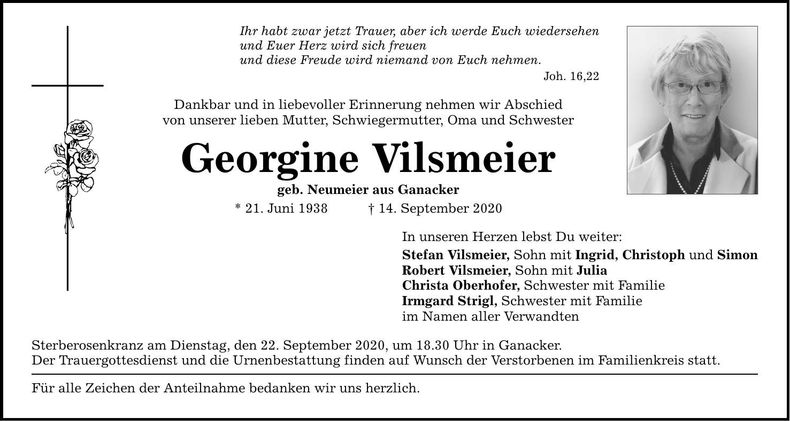 Traueranzeige Georgine Vilsmeier
