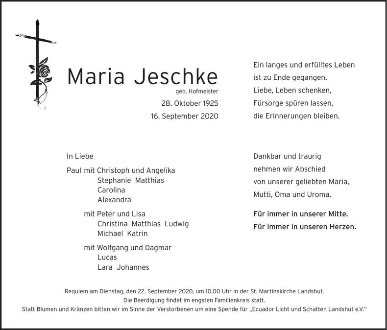 Traueranzeige Maria Jeschke