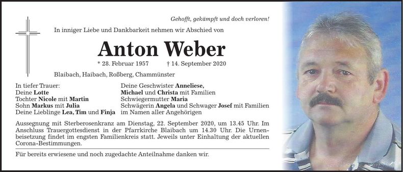 Traueranzeige Anton Weber