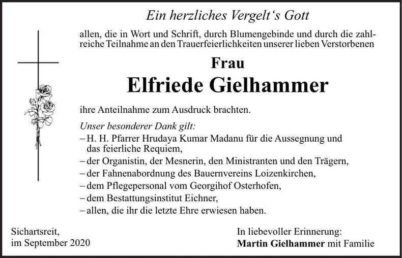 Traueranzeige Elfriede Gielhammer