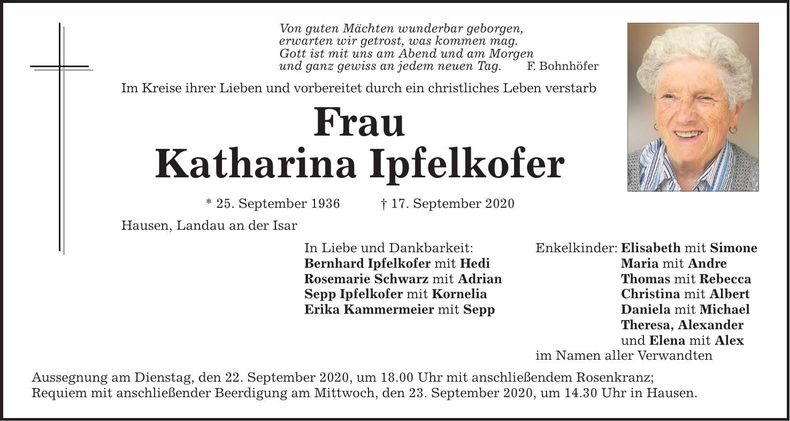 Traueranzeige Katharina Ipfelkofer