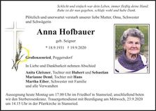 Traueranzeige Anna Hofbauer