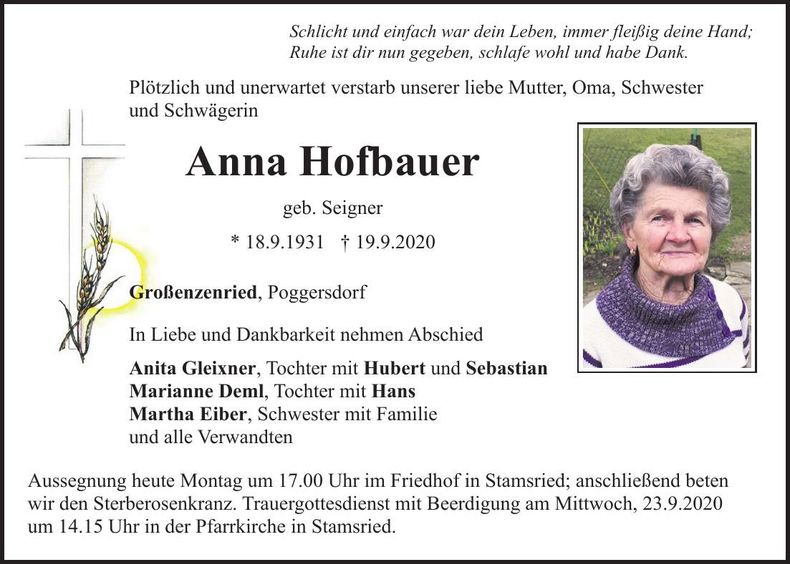 Traueranzeige Anna Hofbauer