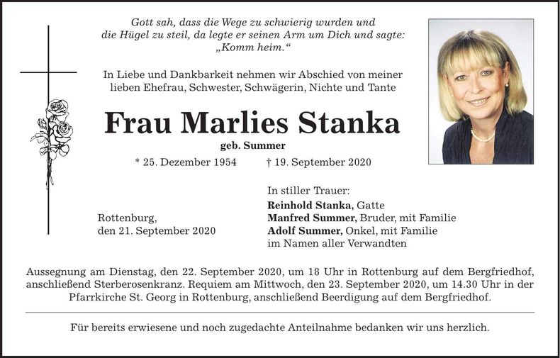Traueranzeige Marlies Stanka
