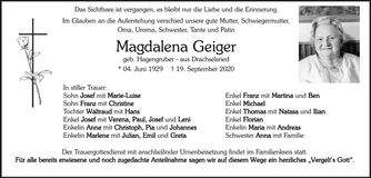 Traueranzeige Magdalena Geiger