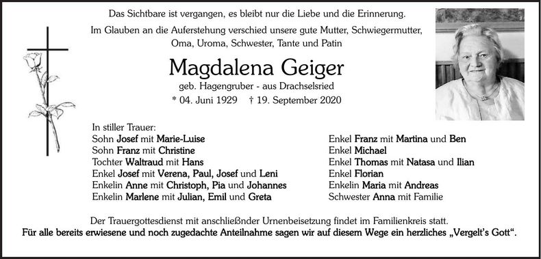 Traueranzeige Magdalena Geiger
