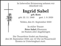 Traueranzeige Ingrid Sabel
