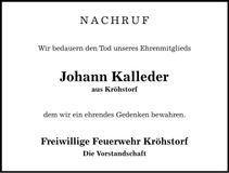 Traueranzeige Johann Kalleder