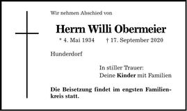 Traueranzeige Willi Obermeier