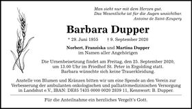 Traueranzeige Barbara Dupper