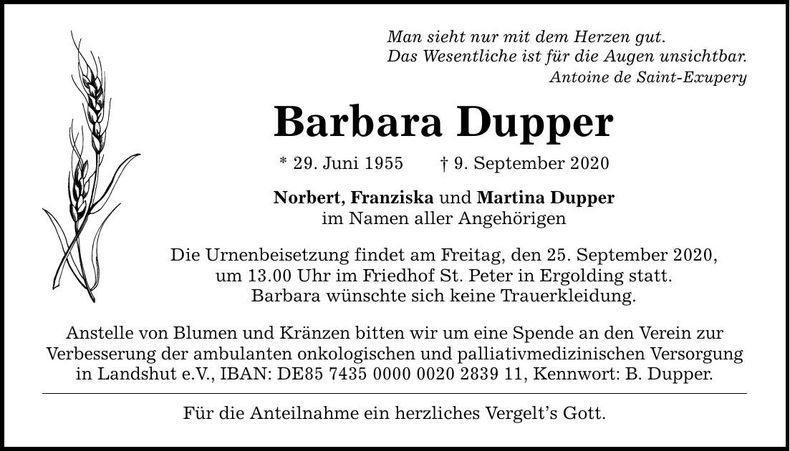 Traueranzeige Barbara Dupper