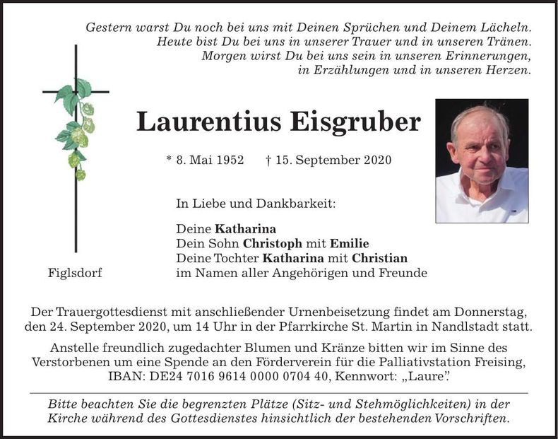 Traueranzeige Laurentius Eisgruber