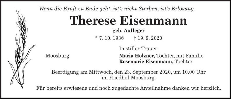 Traueranzeige Therese Eisenmann