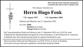Traueranzeige Hugo Fenk