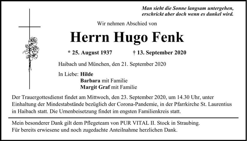 Traueranzeige Hugo Fenk