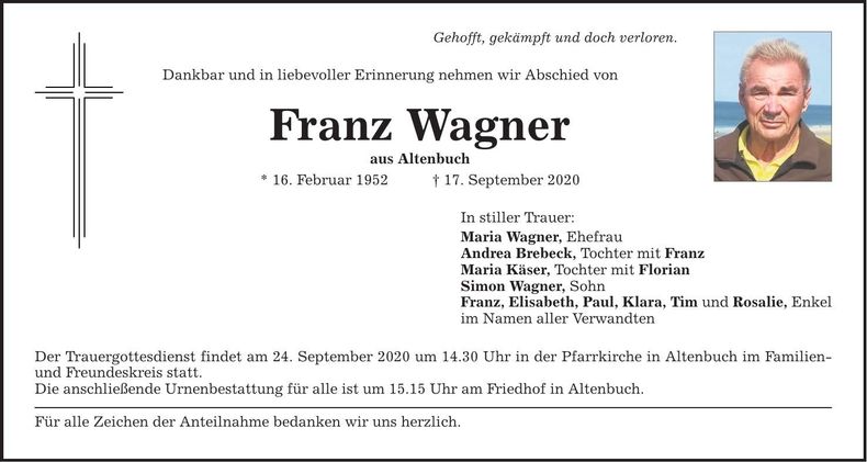 Traueranzeige Franz Wagner