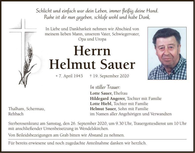 Traueranzeige Helmut Sauer