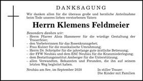 Traueranzeige Klemens Feldmeier
