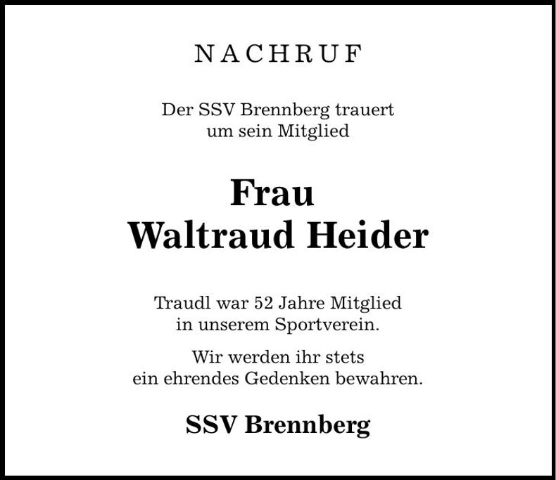 Traueranzeige Waltraud Heider