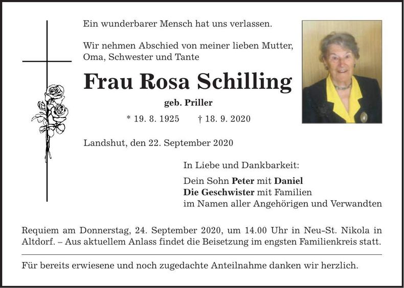 Traueranzeige Rosa Schilling