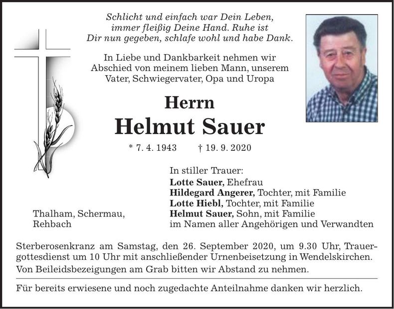 Traueranzeige Helmut Sauer