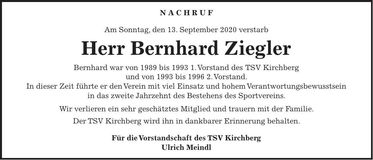 Traueranzeige Bernhard Ziegler
