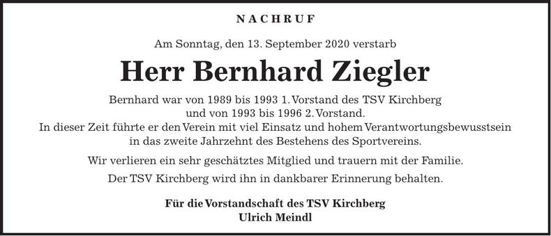 Traueranzeige Bernhard Ziegler
