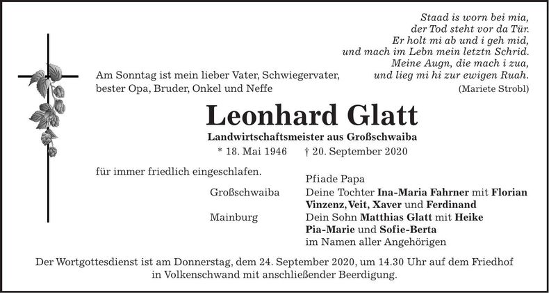 Traueranzeige Leonhard Glatt