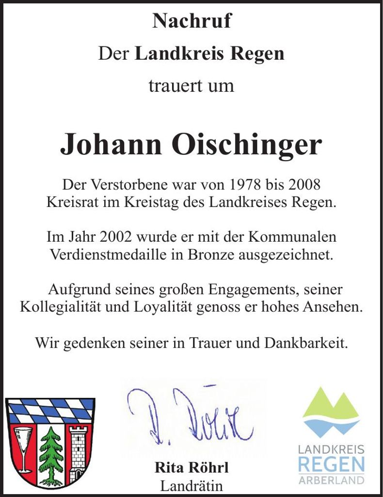 Traueranzeige Johann Oischinger