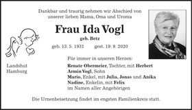 Traueranzeige Ida Vogl