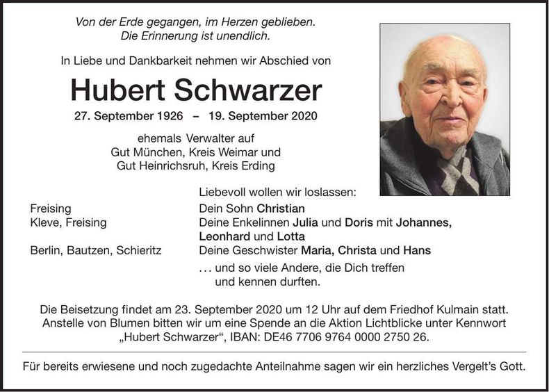 Traueranzeige Hubert Schwarzer
